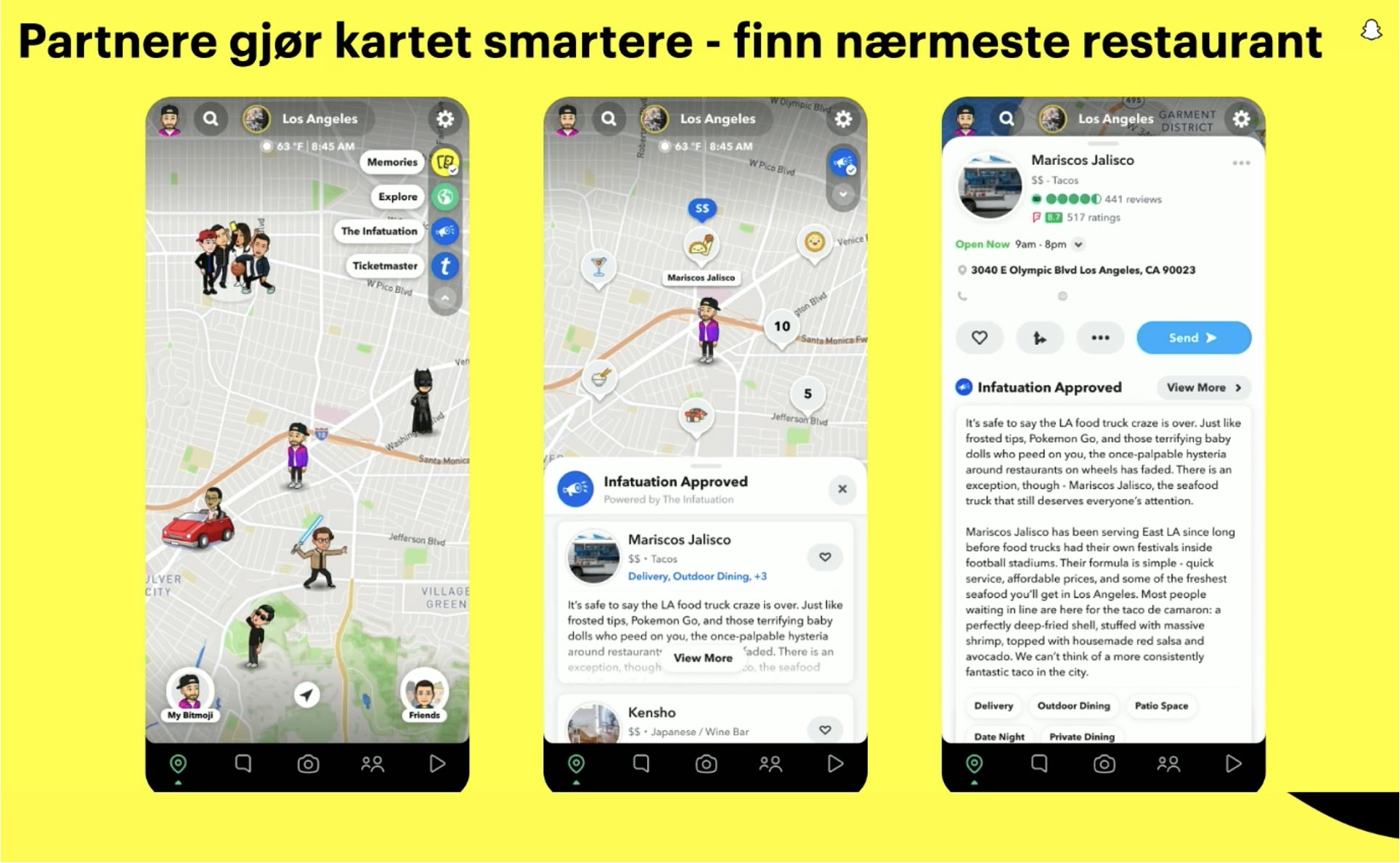 Visning av kartet i Snapchat med teksten: "Partnere gjør kartet smartere - finn nærmeste restaurant"