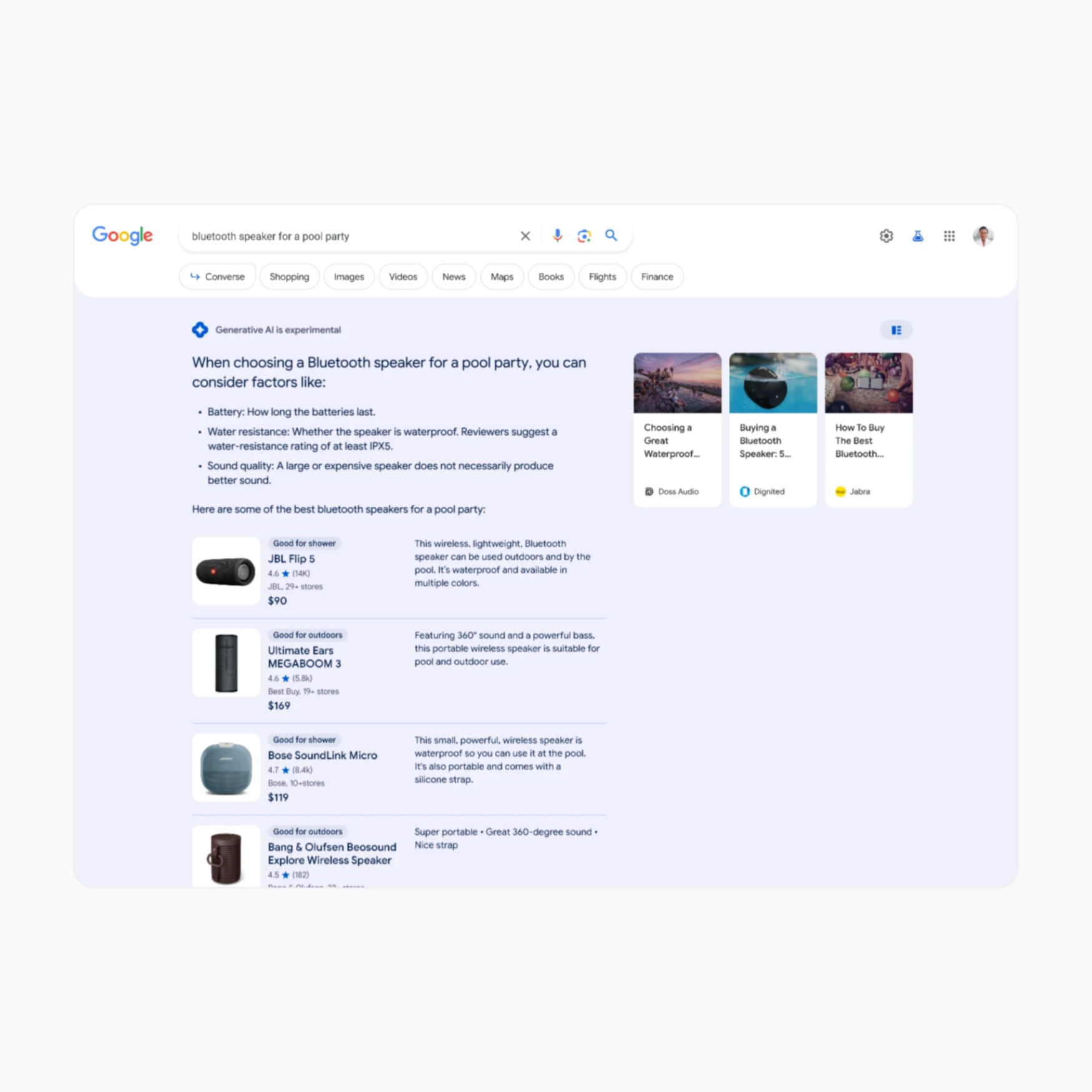 Et skjermbilde av Google Search Generative Experience på et søk etter "bluetooth speaker for a pool party".