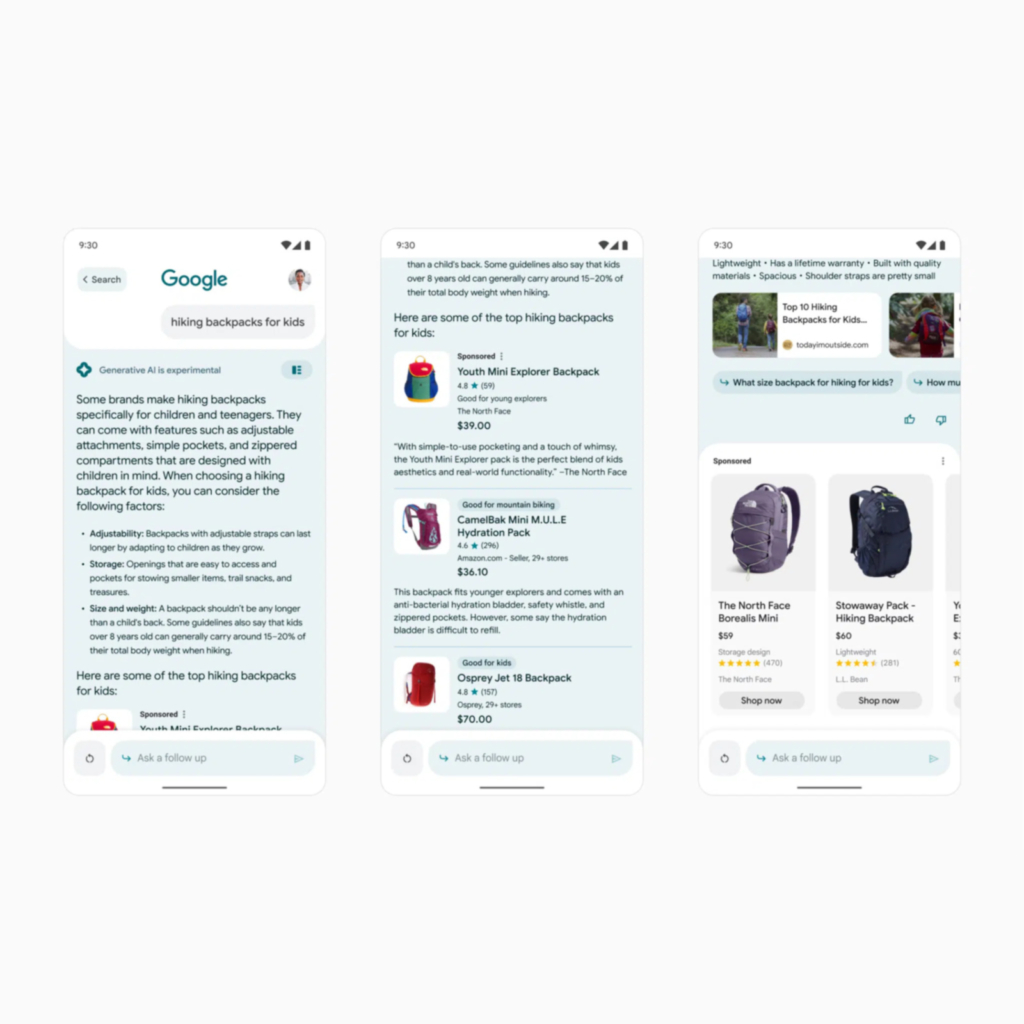 Et skjermbilde av Google Search Generative Experience på en mobil på et søk etter "hiking backpacks for kids".